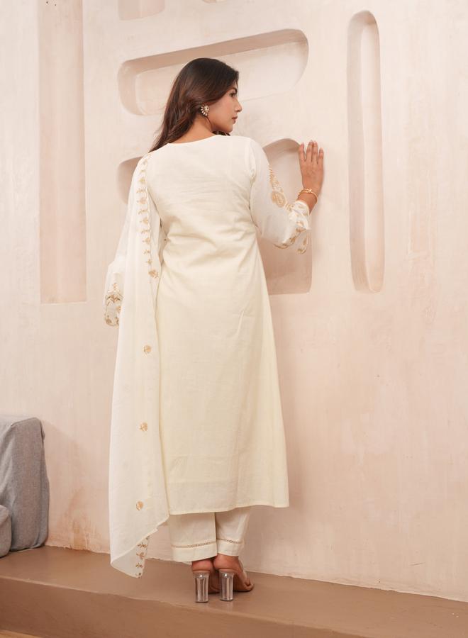 دي دبليو طقم كورتا قطن مطرزة بالأزهار مع بنطال ودوباتا للنساء - Image 3